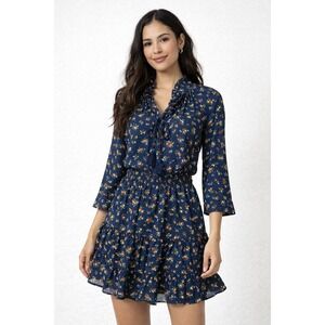 Julie Brown Navy Blue Floral Ruffle Tiered Mini Dress Women Medium Rose Print
